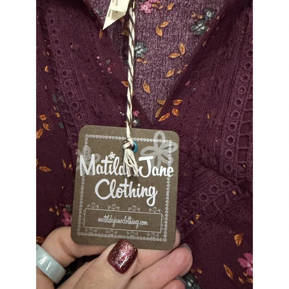 Matilda Jane Dress Womens XS Purple Floral‎ V Neck Tassel Boho Shift 3/4 Sleeve